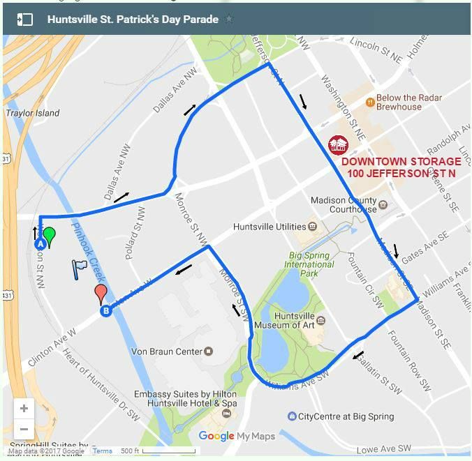 storagedowntown's tweet photo. Here's the parade route for the 2018 St. Patrick's Day Parade in Downtown Huntsville. We're right along the route, on the corner of Clinton Ave and Jefferson St. #StPaddys #iHeartHSV #DowntownHSV #DowntownHuntsville https://t.co/zU4uvQdavP