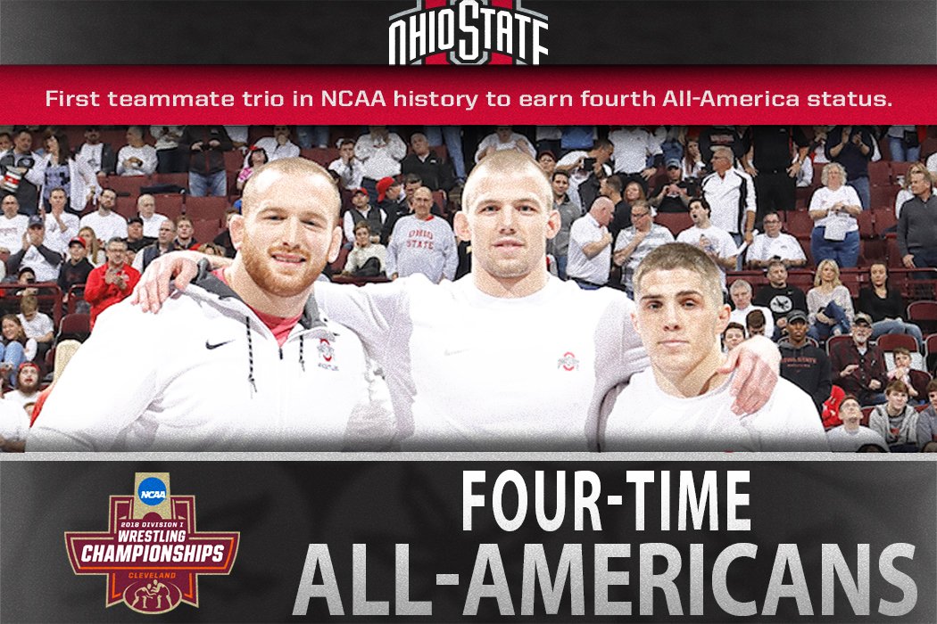 wrestlingbucks's tweet photo. HISTORY CAUGHT

Bo Jordan, Kyle Snyder and Nathan Tomasello are officially the first trio of teammates IN NCAA HISTORY to each earn their fourth All-America recognition in the same season.

Bravo!

#GoBucks #D1WRNotes https://t.co/bT4a2C5arS