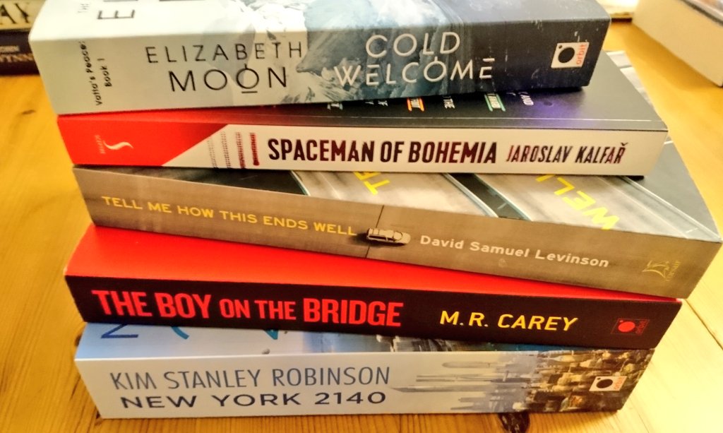 asyndetic's tweet photo. better bump these up my #tbr pile... @ClarkeAward, when is the longlist announced? #ColdWelcome #SpacemanOfBohemia #TellMeHowThisEndsWell #TheBoyOnTheBridge #NewYork2140 https://t.co/p5pv5A6W7r