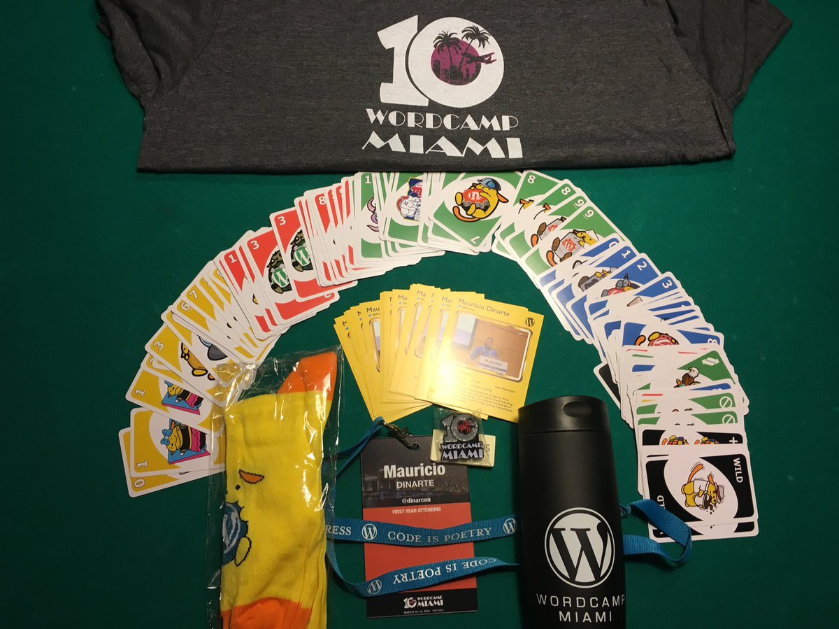 dinarcon's tweet photo. What a great surprise @wordcampmiami! The welcome kit is awesome. This #drupaler is enjoying the swag already. I guess I am ready for #WCMIAโs 10th anniversary. :-) #Drupal #WordPress https://t.co/LfUY8rk1Ur