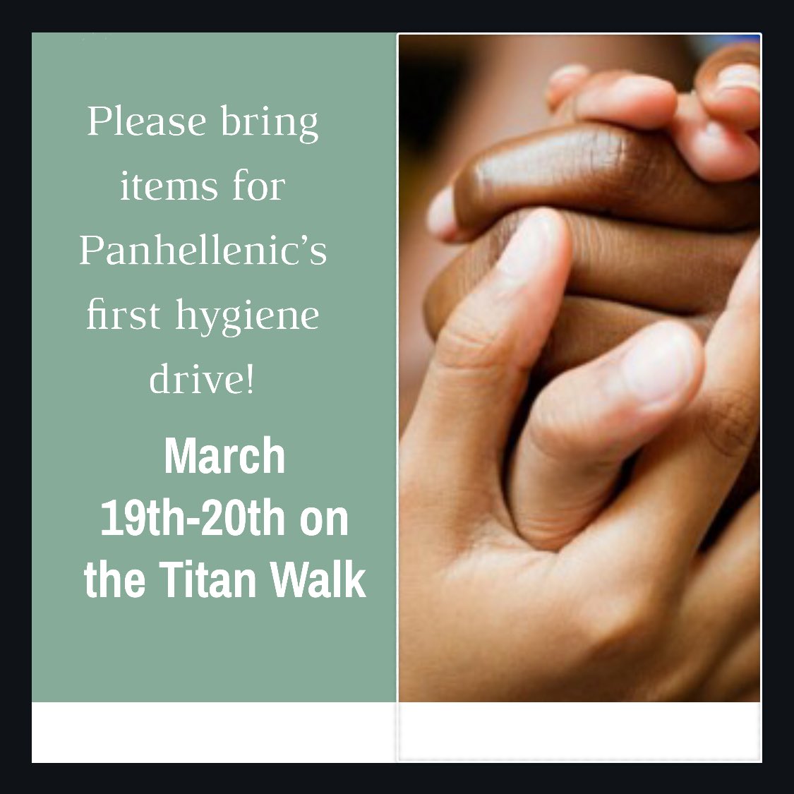 csufphc's tweet image. From March 19-20, 11am-2pm on Titan Walk, Panhellenic will be having their first hygiene drive! The items that are greatly needed are conditioner, wash cloths, and mouthwash! The chapter with the highest percentage of donations will get a chapter dinner! 🤝❤️ #csufpanhellenic