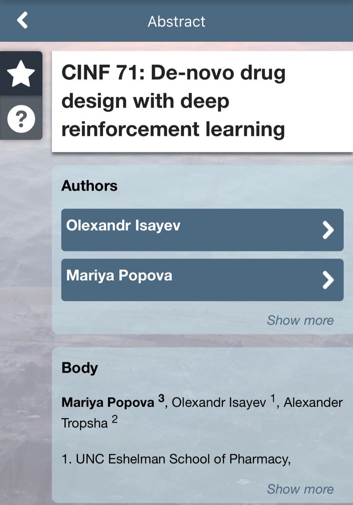 Olexandr Isayev 🇺🇦🇺🇸 (@olexandr) on Twitter photo Curious about #AI and #chemistry? Future is here! See <a href="/UNCPharmacy/">UNC Pharmacy</a> grad student Mariya Popova presents our work “De Novo #drugdesign with deep #ReinforcementLearning “ at #ACSNOLA #acscinf and Sci-Mix poster sessions on Sunday and Monday. #DeepLearning #compchem Curious about #AI and #chemistry? Future is here! See <a href="/UNCPharmacy/">UNC Pharmacy</a> grad student Mariya Popova presents our work “De Novo #drugdesign with deep #ReinforcementLearning “ at #ACSNOLA #acscinf and Sci-Mix poster sessions on Sunday and Monday. #DeepLearning #compchem