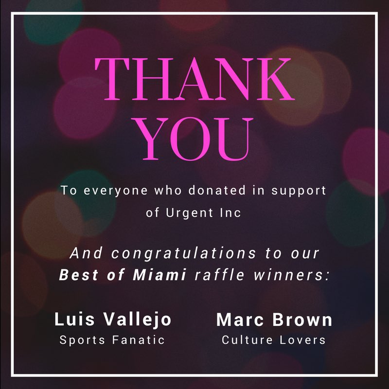 miami_roots's tweet photo. Thank you to everyone who donated in support of our project benefiting @UrgentInc! And congratulations to our raffle winners. https://t.co/qn7gpfSXDb