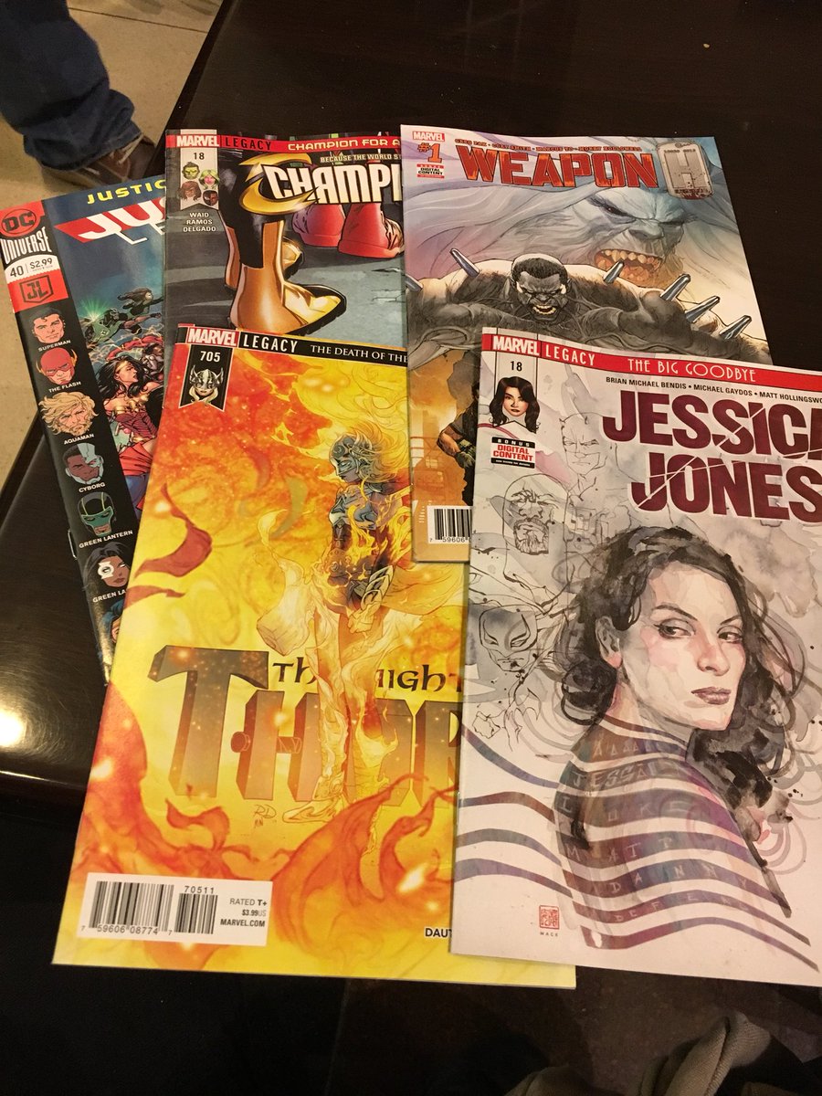 TomBrevoort's tweet photo. So what looks good in the #MarvelBundle this week? Endings for @BRIANMBENDIS on Jessica Jones and Mark Waid & @humberto_ramos on Champions, and Jane Foster in Thor, the start of Weapon H. And from the other guys, Priest’s Justice League. https://t.co/wDpxNWmp6a