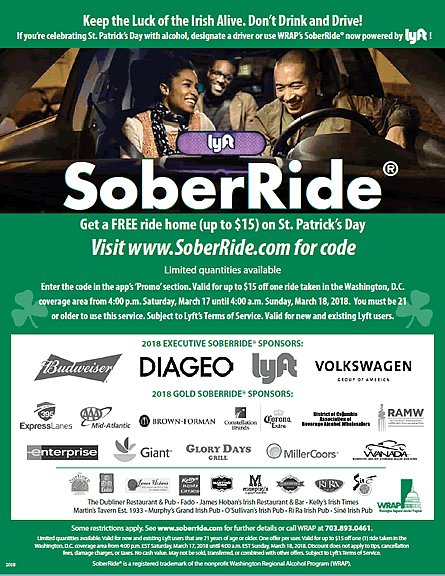 WANADA's tweet photo. Get a free ride home this St. Patrick's Day! WANADA is proud to partner with @WRAP_org to offer you a free Lyft ride (up to $15) on Saturday night.

To get the code for a complimentary SoberRide, visit the following link after 2 p.m. on Saturday: https://t.co/lkwAjS4zg7 https://t.co/PQmNfBIvWw