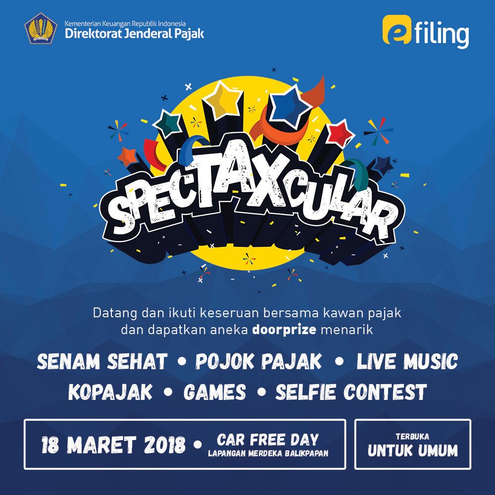 pajakkaltimtara's tweet photo. Halo bosku! Yuk ikutan Spectaxcular di Lapmer, Balikpapan. Dijamin seru! Apa aja sih acaranya? Ada senam sehat, ada live music @keys_bandbpp, pojok pajak, kopajak ngopi bareng pajak, selfie contest, games seru dan puluhan doorprize senilai jutaan rupiah loh! https://t.co/BaA1OGkhQC