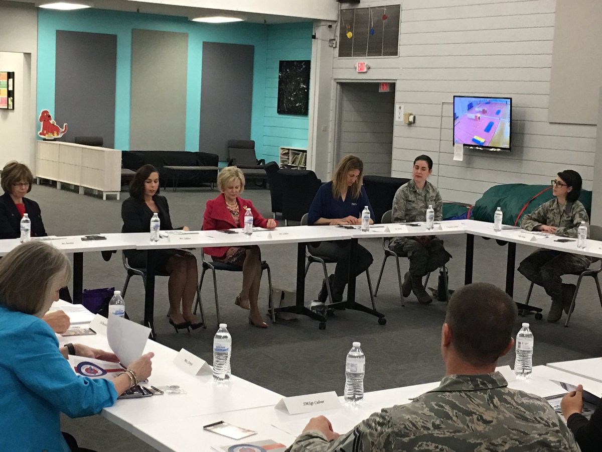99ABWCC's tweet photo. Our Resilience Team having a round table discussion with Mrs. Goldfein and Senator Spouses Mrs. Boozman, Mrs. Cornyn, and Mrs. Enzi.
#resiliency @NellisAFB https://t.co/4vTx8SmUyU
