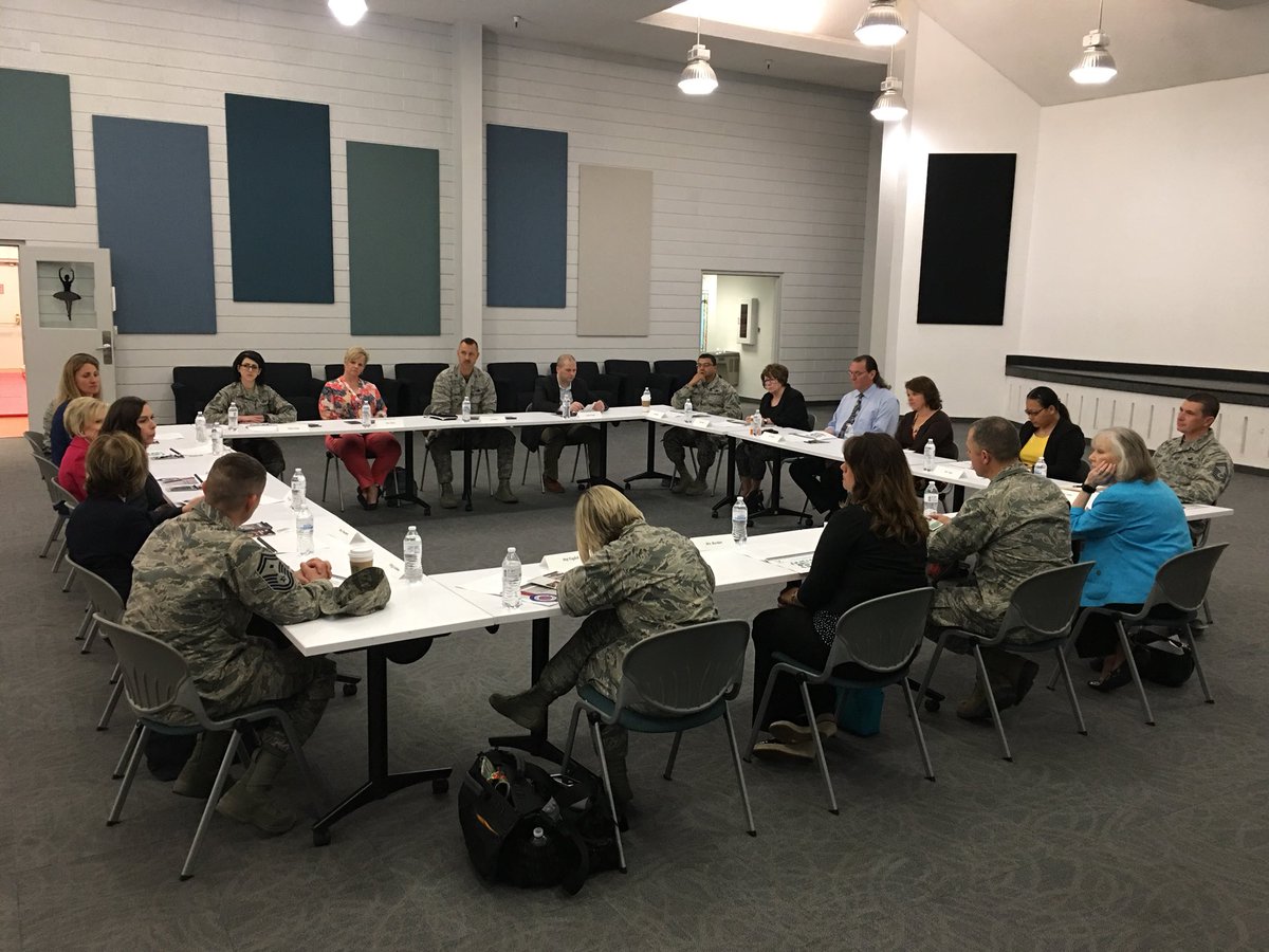 99ABWCC's tweet photo. Our Resilience Team having a round table discussion with Mrs. Goldfein and Senator Spouses Mrs. Boozman, Mrs. Cornyn, and Mrs. Enzi.
#resiliency @NellisAFB https://t.co/4vTx8SmUyU