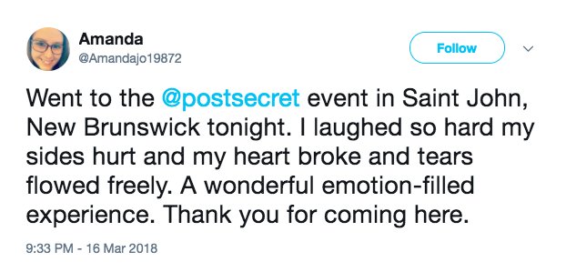 postsecret's tweet photo. "PostSecret: The Show" closes in Washington, DC
See you there -
https://t.co/NPbRfITN6Y
#PostSecretShow https://t.co/sSlZ1VZ4se