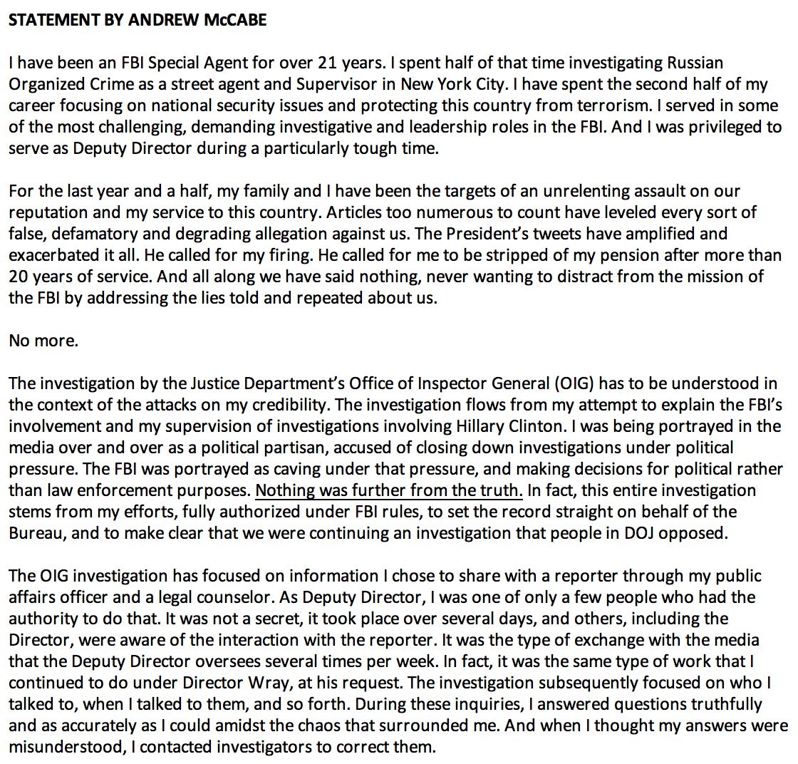 ABCPolitics's tweet photo. JUST IN: Statement from Andrew McCabe: "I am being singled out and treated this way because of the role I played, the actions I took, and the events I witnessed in the aftermath of the firing of James Comey.” https://t.co/BYV4ZeB9hD https://t.co/OzdFSJ27uL