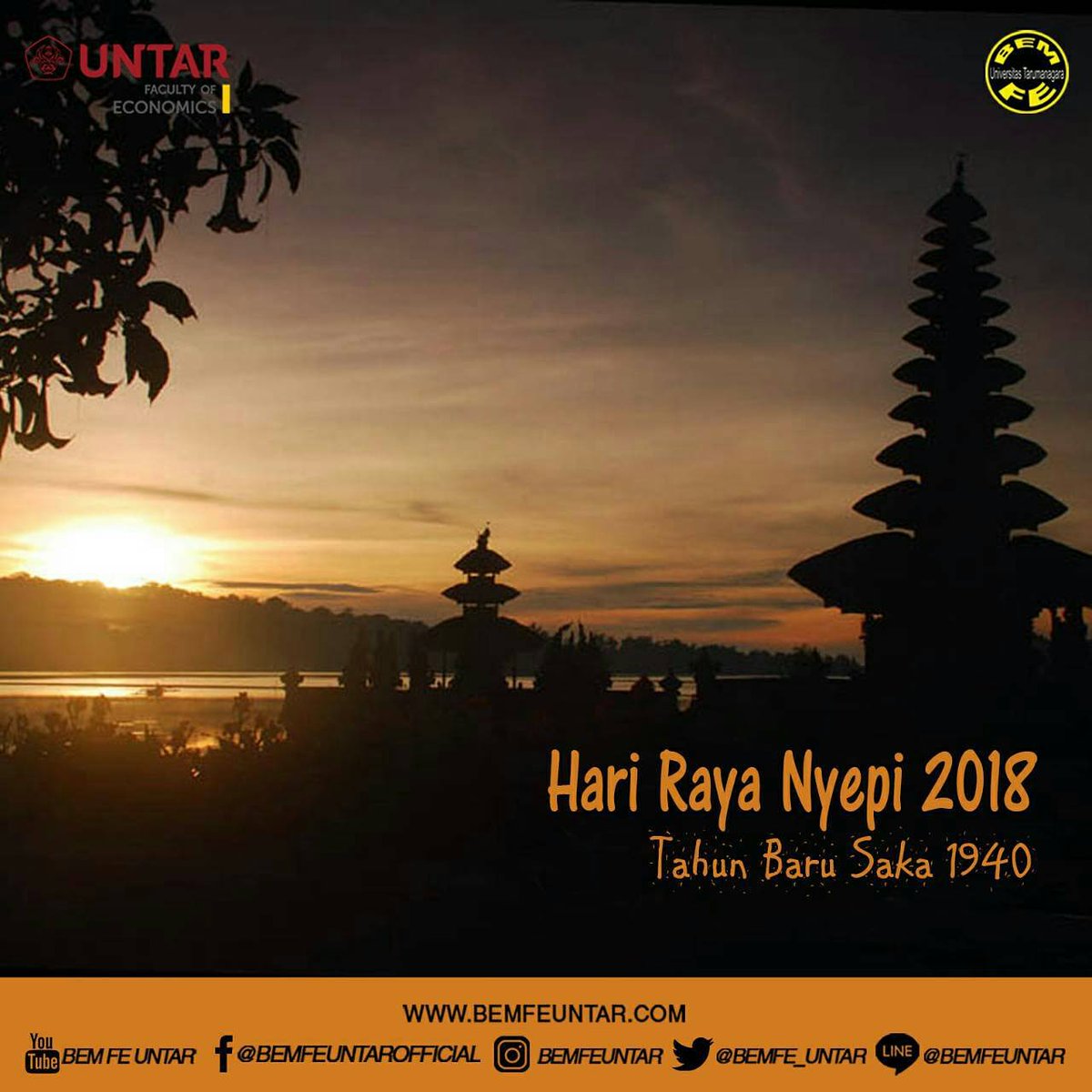 Rahajeng nyanggra rahina Nyepi caka 1940, dumogi prasida ngalaksanayang Catur Brata Penyepian

Selamat menyambut hari Nyepi caka, semoga dapat melaksanakan Catur Brata Penyepian.

#NYEPI2018 #BEMFEUNTAR #FEUNTAR #UNTAR