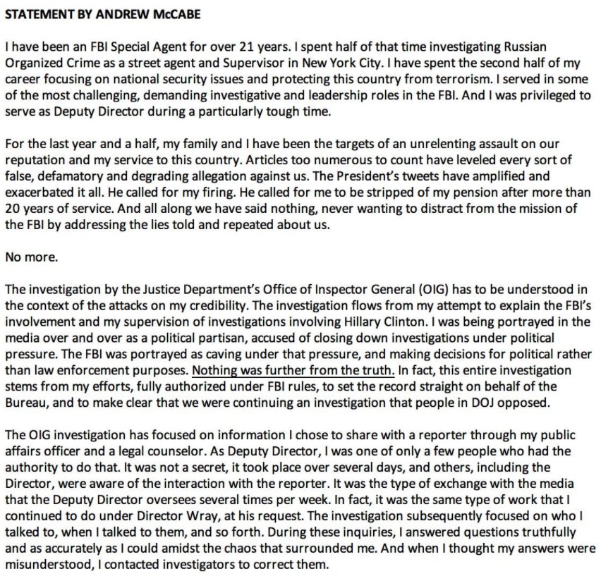 axios's tweet photo. Statement from Andrew McCabe following his firing (via ABC News): "Here is the reality: I am being singled out and treated this way because of the role I played, the actions I took, and the events I witnessed in the aftermath of the firing of James Comey." https://t.co/hehTm5SkX3
