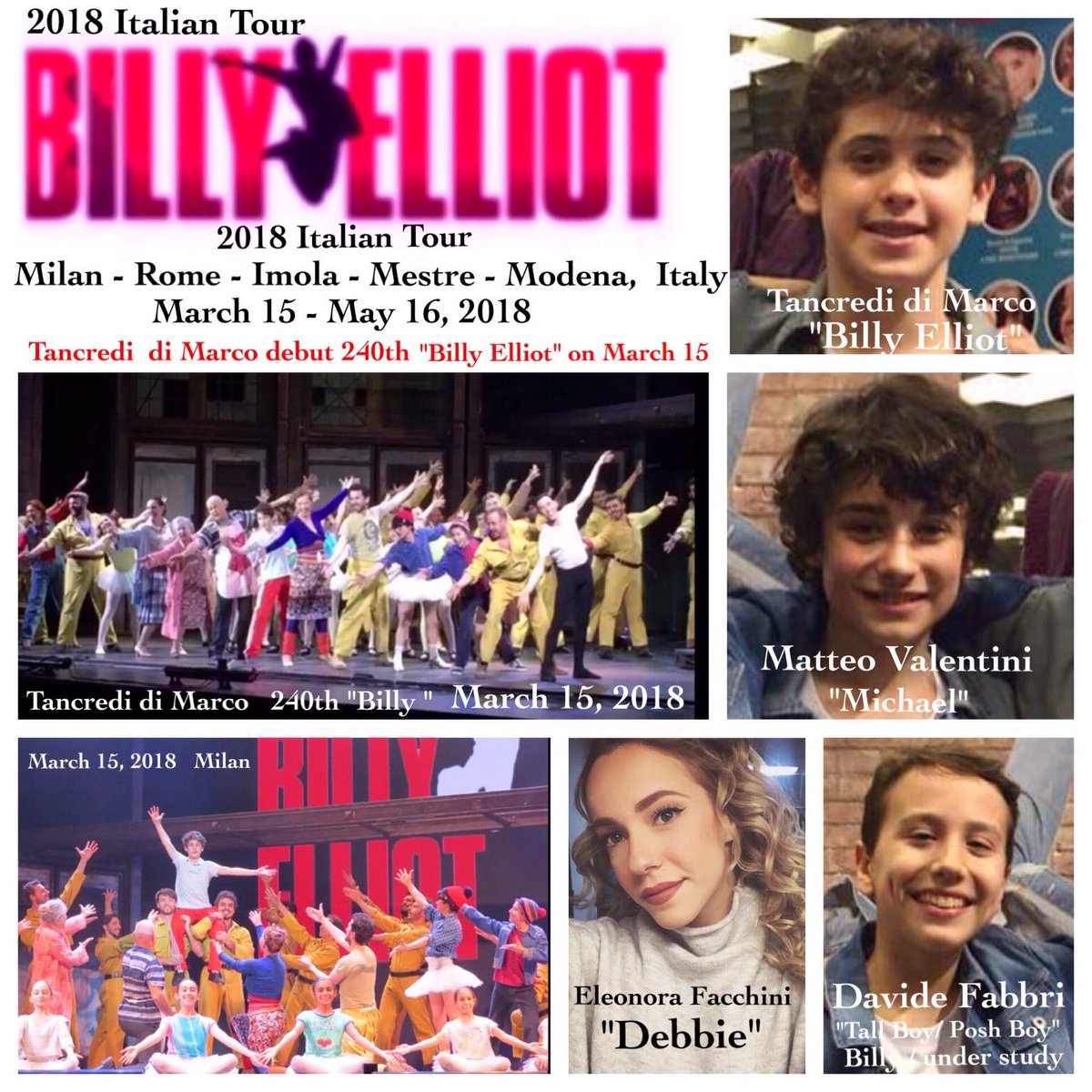 RoyEtten's tweet photo. @BillyElliotUK #BillyElliot  Congratulations to 12 year old Tancredi di Marco  debut as the 240th "Billy Elliot" in the World on Thursday, March 15 in Milan, Italy.  2018 Italian Tour https://t.co/Zq736aTQAz