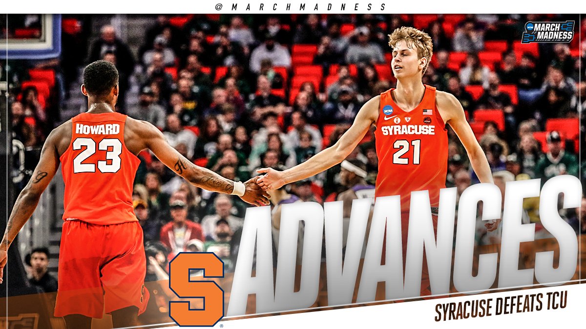 MarchMadnessMBB's tweet photo. Orange roll on

(11) Syracuse UPSETS (6) TCU 57-52 to move on to the Second Round! #MarchMadness https://t.co/ssagLkkkLp