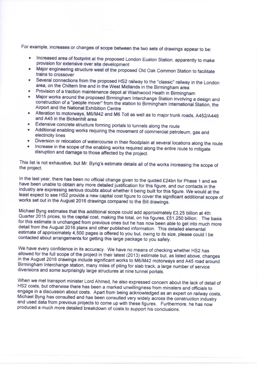 tonyberkeley1's tweet photo. HS2 Phase 1 costs now £51bn, due to increased scope, according to M Byng's new 4k+ page estimate. DfT still cling onto their £24bn, priced in 2013, but few in the sector believe them. DfT never challenged M Byng's methodology. Time to pause and descope. https://t.co/ZYMPttDntF