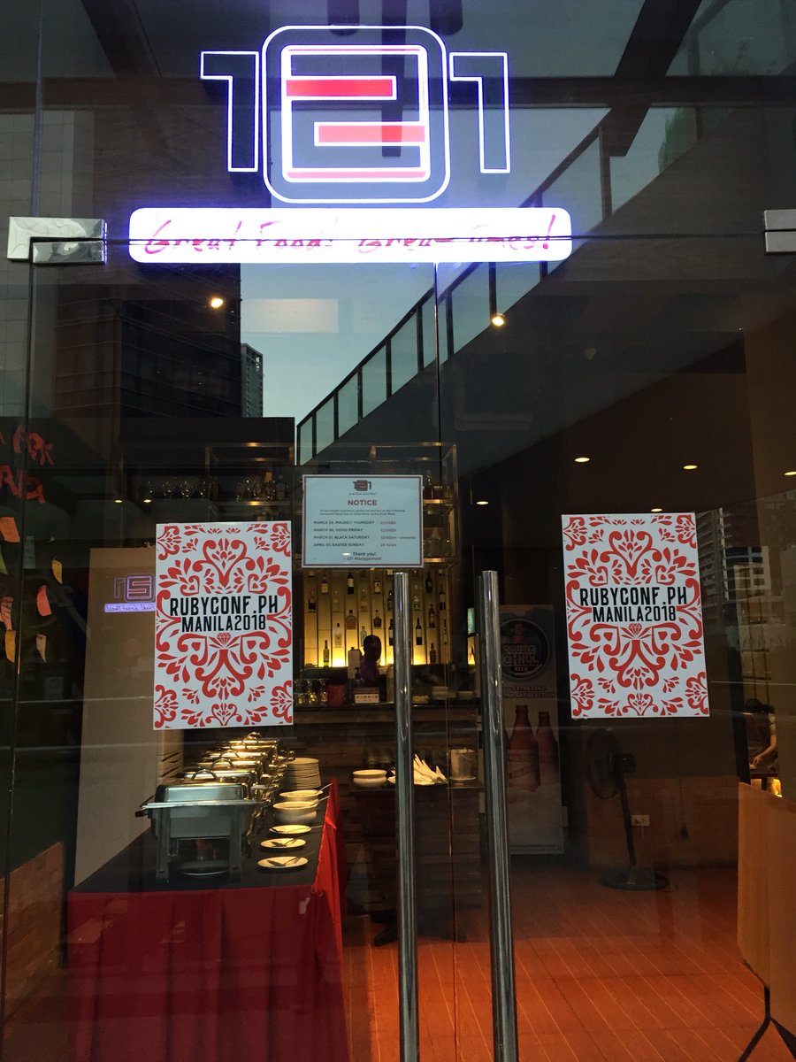 RubyConfPH's tweet image. Dinner and #RubyKaraoke at 121 Resto. 3rd Floor, Bonifacio Stopover