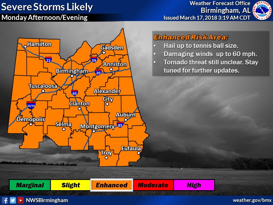 Monitoring 2 periods where severe thunderstorms will be possible. First will be tomorrow noon to 8 pm as a warm front moves north and affects the southern 1/3 of our forecast area. A potentially more widespread event could materialize Monday afternoon and Evening.