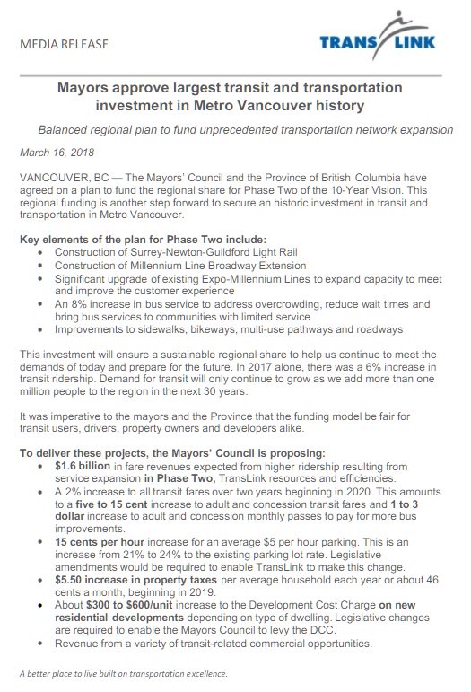 TransAction_BC's tweet photo. @richardzussman We welcome the  needed funding announcement.
Reminder: 
the @mayors_council refused property taxes  increase and preferred to submit a "new funding source" to referendum in 2015 (law still in force)
parking tax doesn't apply on street meter (market distortion?). https://t.co/NW1s5fllre