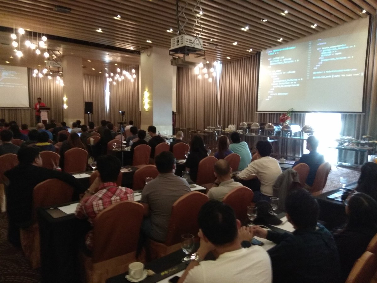 keithrbennett's tweet image. .@coderhs sharing his wisdom about software circuit breakers at @rubyconfph.