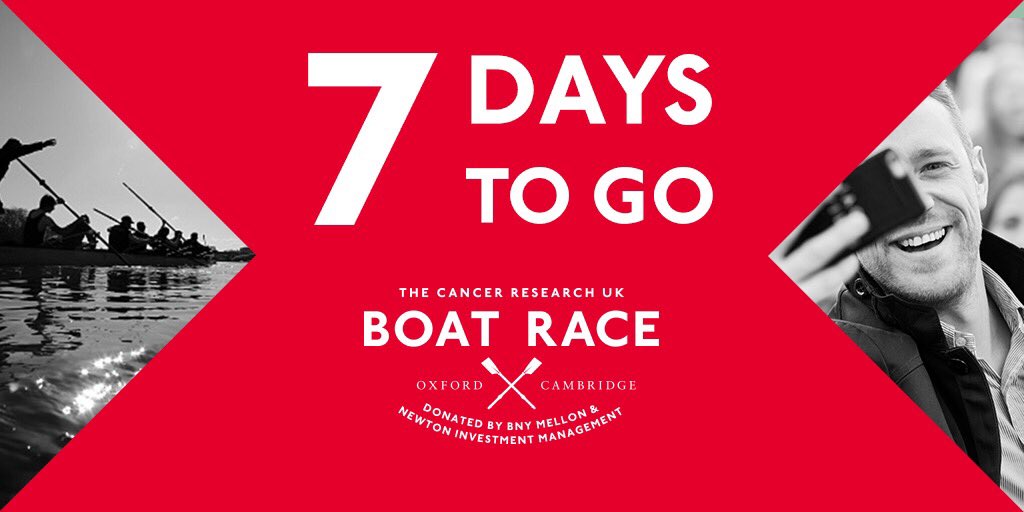 theboatrace's tweet photo. 7️⃣ days to go! With just one week to The @CR_UK Boat Race 2018 we will be starting our #CrewCountdown with each crew member being introduced by their Club President seat by seat in their own words. #TheBoatRace2018 https://t.co/bvIsEM8rsi