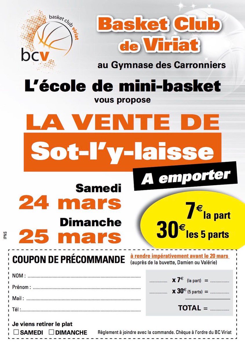L'école du mini-Basket vous propose une vente à emporter de Sot-l’y-laisse accompagné de riz le week-end des 24 et 25 mars 2018.