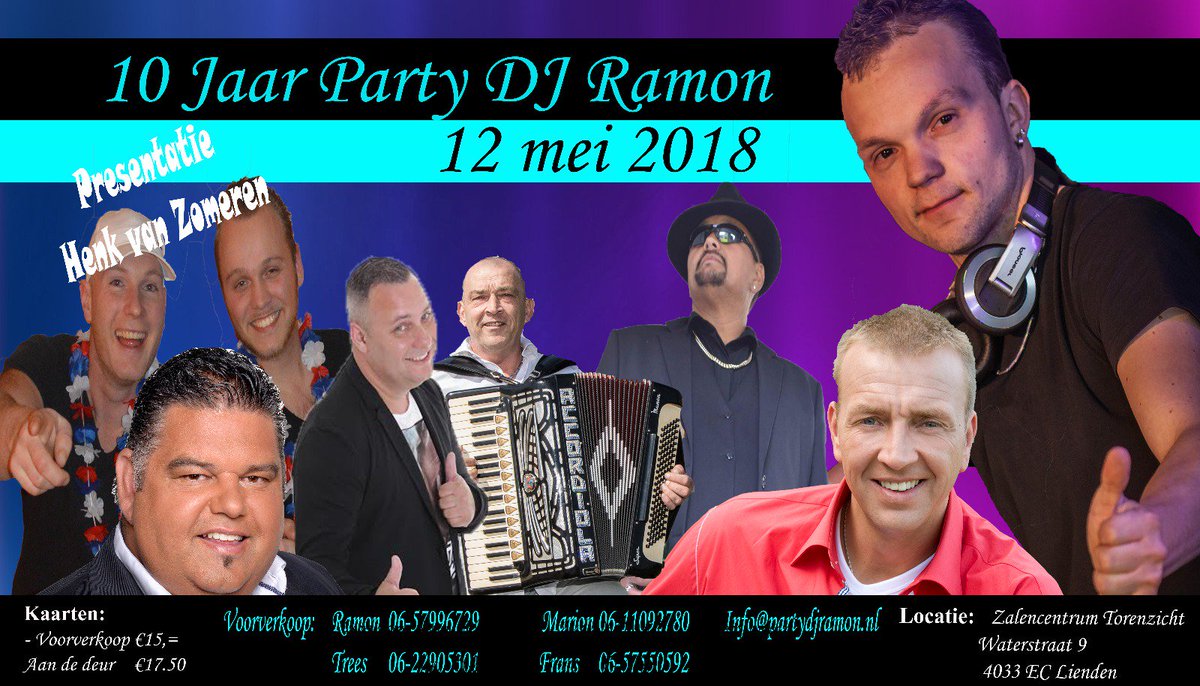 Nog een paar weken en dan is het zover. 10 jaar <a href="/PartyDjRamon/">Ramon van Dijk</a> in <a href="/PartyDjRamon/">Ramon van Dijk</a> in zalencentrum Torenzicht Lienden met Tom&amp; Daniël  <a href="/Jannesonline/">Jannes</a>, Eddy two Force <a href="/DjangoWagner1/">Django Wagner</a> <a href="/Lesleyhazes/">Lesley Williams</a> <a href="/fransbaggerman/">Frans Baggerman</a> Betsy en mystery guest