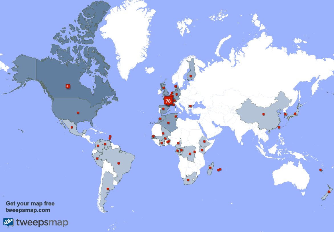 Selon tweepsmap.com/!lepleindavenir Mes followers vivent en: France(77%),Canada(6%),Belgique(3%)