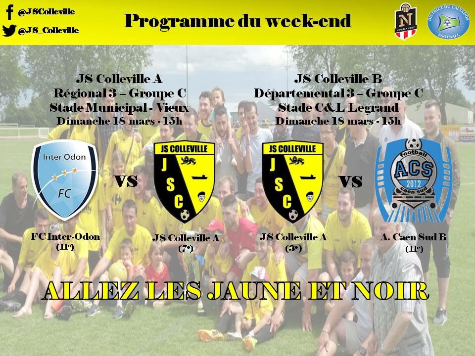 JS_Colleville's tweet photo. [SENIORS] 💛PROGRAMME DU WEEK-END🖤
Retour du championnat pour les deux équipes #JauneEtNoir avec deux objectifs différents mais le même besoin de victoire ! 
➡️https://t.co/KFM3HEyD9I
#JSC #D3 #R3 https://t.co/9w8B2P1ZG4