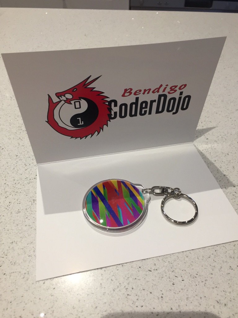 CoderBendigo's tweet image. Designed and coded in scratch, now very useful - key ring and cards thx to Augie @CoderBendigo