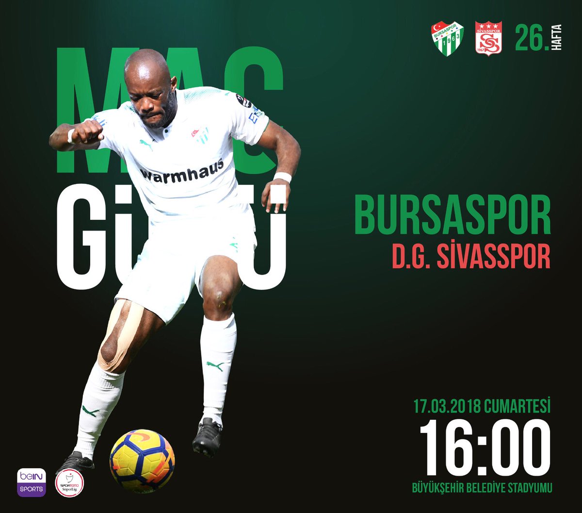 🚨 MAÇ GÜNÜ ⚽️ Bursaspor - D.G. Sivasspor ⌚️ 16:00 🏟 Büyükşehir Belediye 📢 Hüseyin Göçek 🌤 22° 📺 beIN Sports 2 📲 #Bursaspor