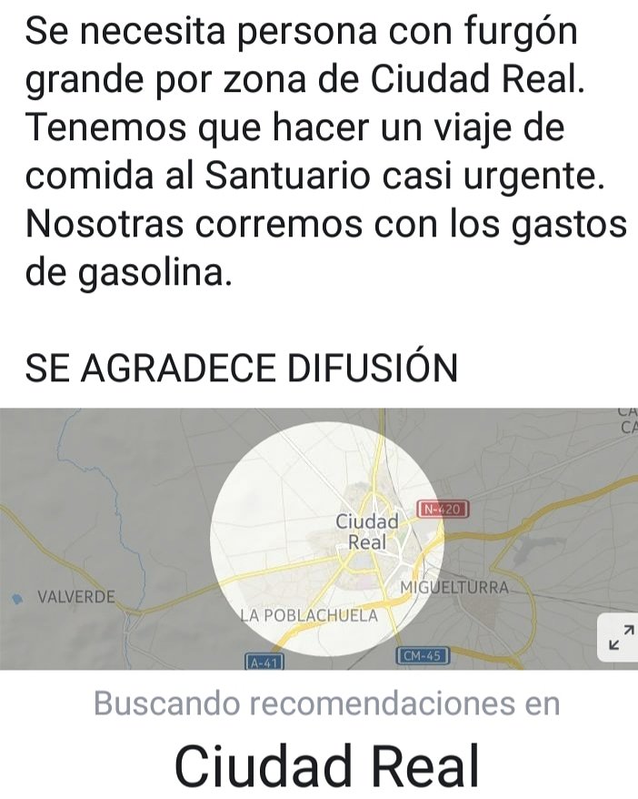 Se necesita persona con furgón grande por zona de Ciudad Real. 
Tenemos que hacer un viaje de comida al Santuario casi urgente.
Nosotras corremos con los gastos de gasolina.

SE AGRADECE DIFUSIÓN @SantLaFrontera