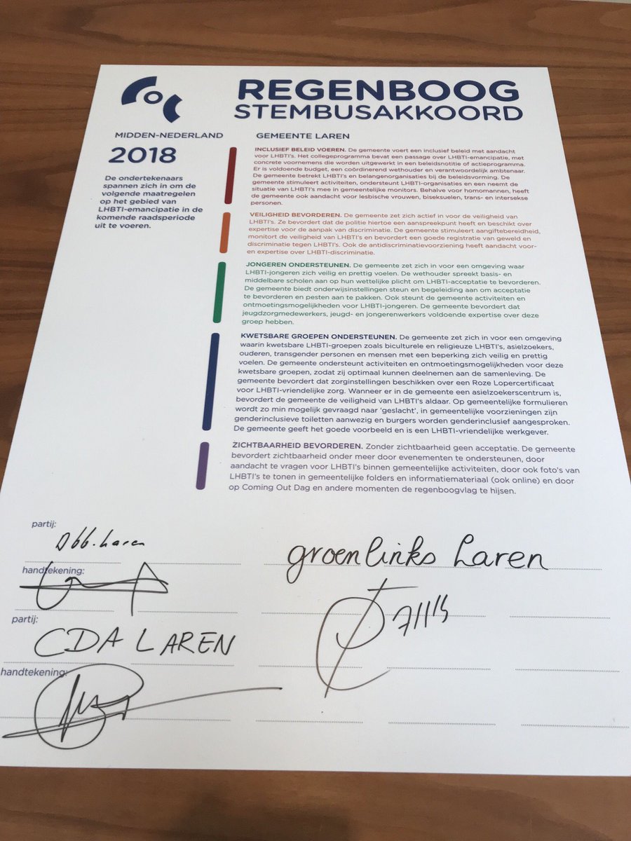 Voor <a href="/Gem_Laren/">Gemeente Laren</a> en <a href="/Gem_Blaricum/">Gemeente Blaricum</a> werden zojuist handtekeningen gezet onder ons Regenboog stembusakkoord! #GR2018 #Laren #Blaricum #LHBTI #regenboogstembusakkoord
