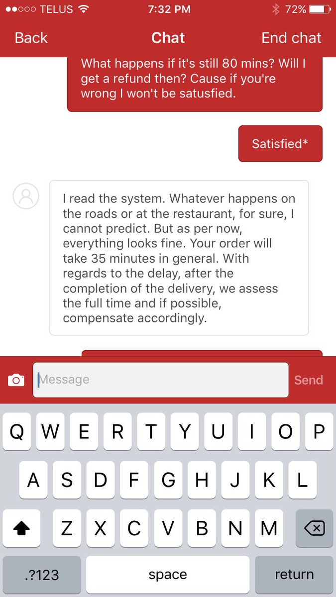 KPsaintJ's tweet photo. @SkipTheDishes hey thanks for the absolute worst service ever on my first order with you guys! Also great responses when I used your chat for help #nexttimeubereats https://t.co/SF0g5Ev3Od
