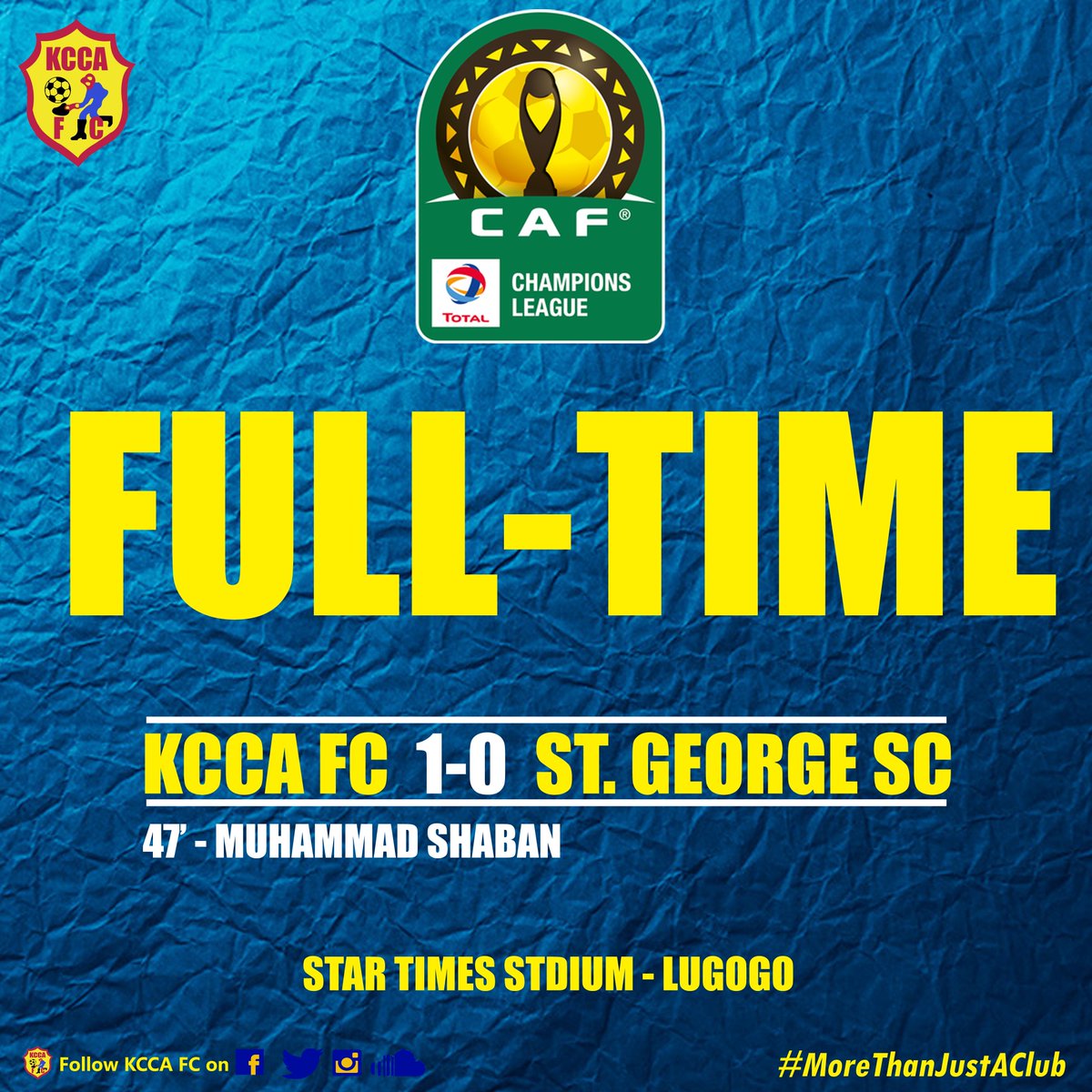 KCCAFC's tweet photo. FULL-TIME:

ITS OFFICIAL!!!! KCCA FC is the first Ugandan club to qualify to the #CAF Champions League group stages. Well done lads!!! 👏👏 History has been made.

UGANDA IS PROUD OF YOU!!! https://t.co/7y0RrAE885