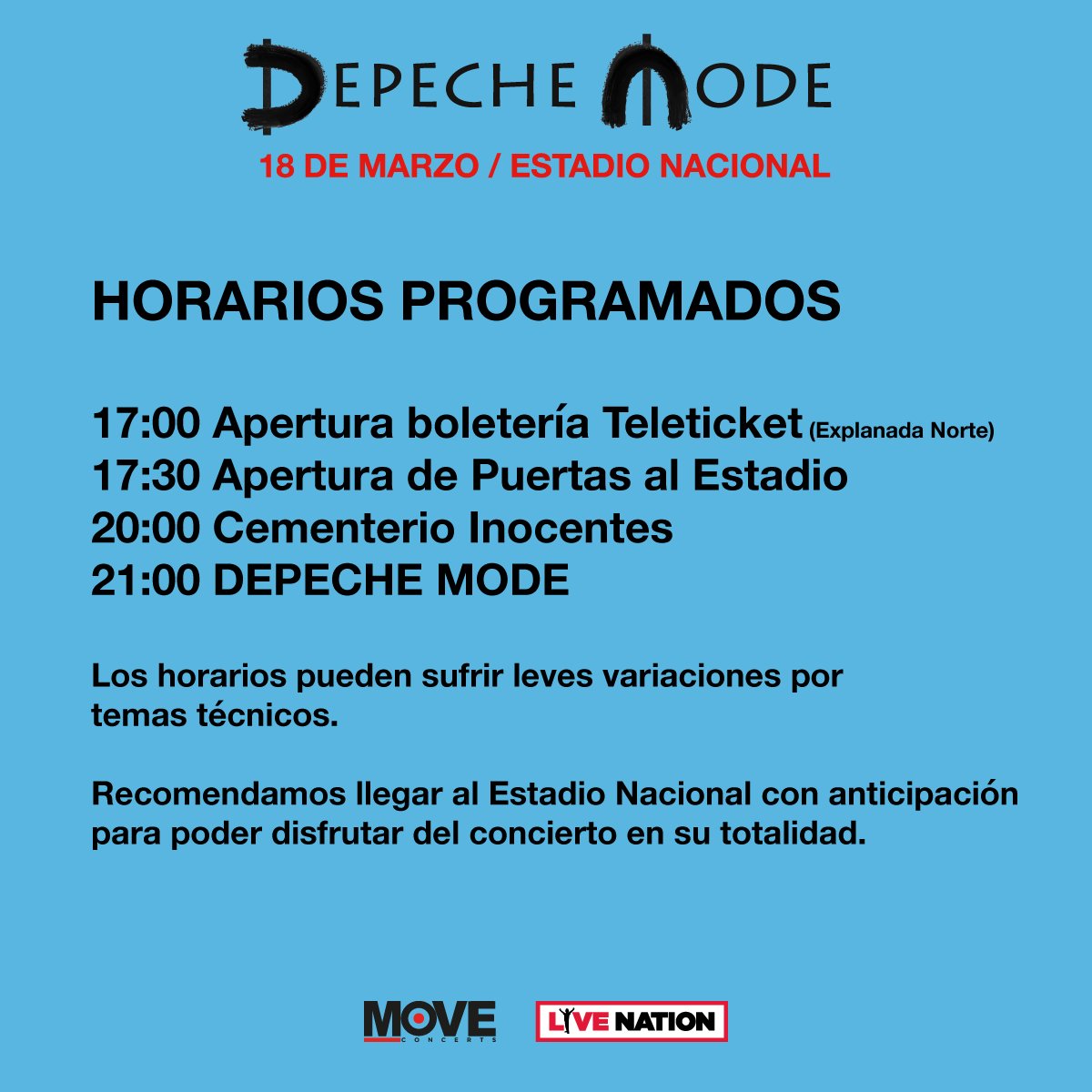 MoveConcertsPE's tweet photo. ¿Vas al concierto de Depeche Mode mañana? Infórmate sobre las puertas de acceso, horarios y toma en cuenta las siguiente recomendaciones.

Más información en nuestra página de Facebook 🙂 https://t.co/6ZRTRtf0WY