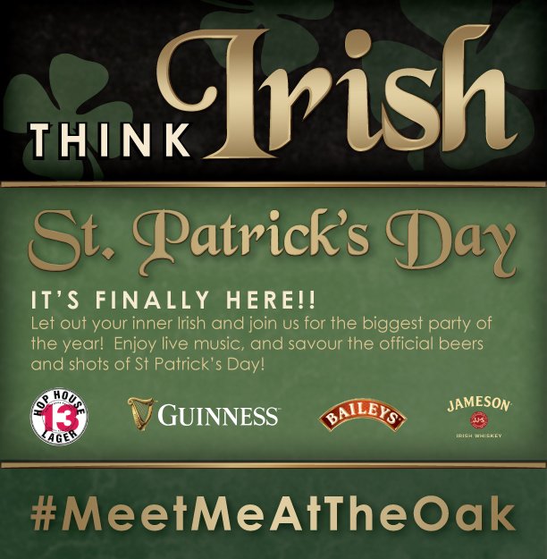 CentrepointeOak's tweet photo. TODAY IS THE DAY!!!  Get your green on and #MeetMeAtTheOak it's finally #STPATRICKSDAY!! #Guinness #HopHouse #Jamesons #Baileys and #Boxtys!! Everyone is #lucky when they #ThinkIrish https://t.co/2LTEYJqQUb