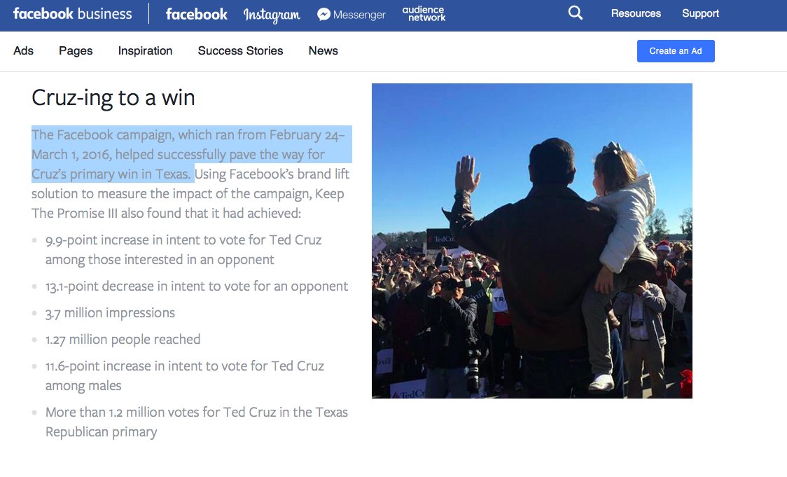 Remember: Facebook supports rightwing politicians, including those backed by Trump/Analytica sugar daddy Robert Mercer. Exhibit A: Facebook's election ops for Ted Cruz.  https://www.facebook.com/business/success/keep-the-promise-3
