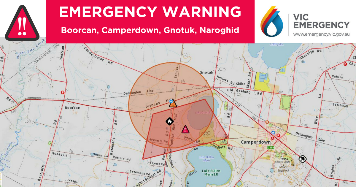 This EMERGENCY WARNING is being issued for Boorcan, Camperdown, Gnotuk, Naroghid.
There is a grassfire at GNOTUK that is out of control. The grassfire is travelling in a easterly direction towards the Camperdown Golf Club. 

emergency.vic.gov.au/respond/#!/war…