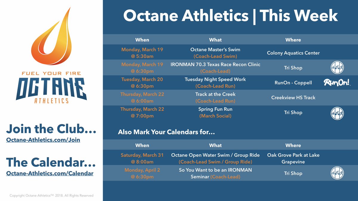 OctaneUSA's tweet photo. This coming week is going to ROCK! Coached workouts throughout the week, an @IRONMANtri 70.3 Texas Clinic &amp; a social run on Thursday. Fun! Looking for a great Triathlon Club? You just found it. Join today at https://t.co/MUM7DSmahq. #fuelyourfire https://t.co/Ix5Bc3NPwE