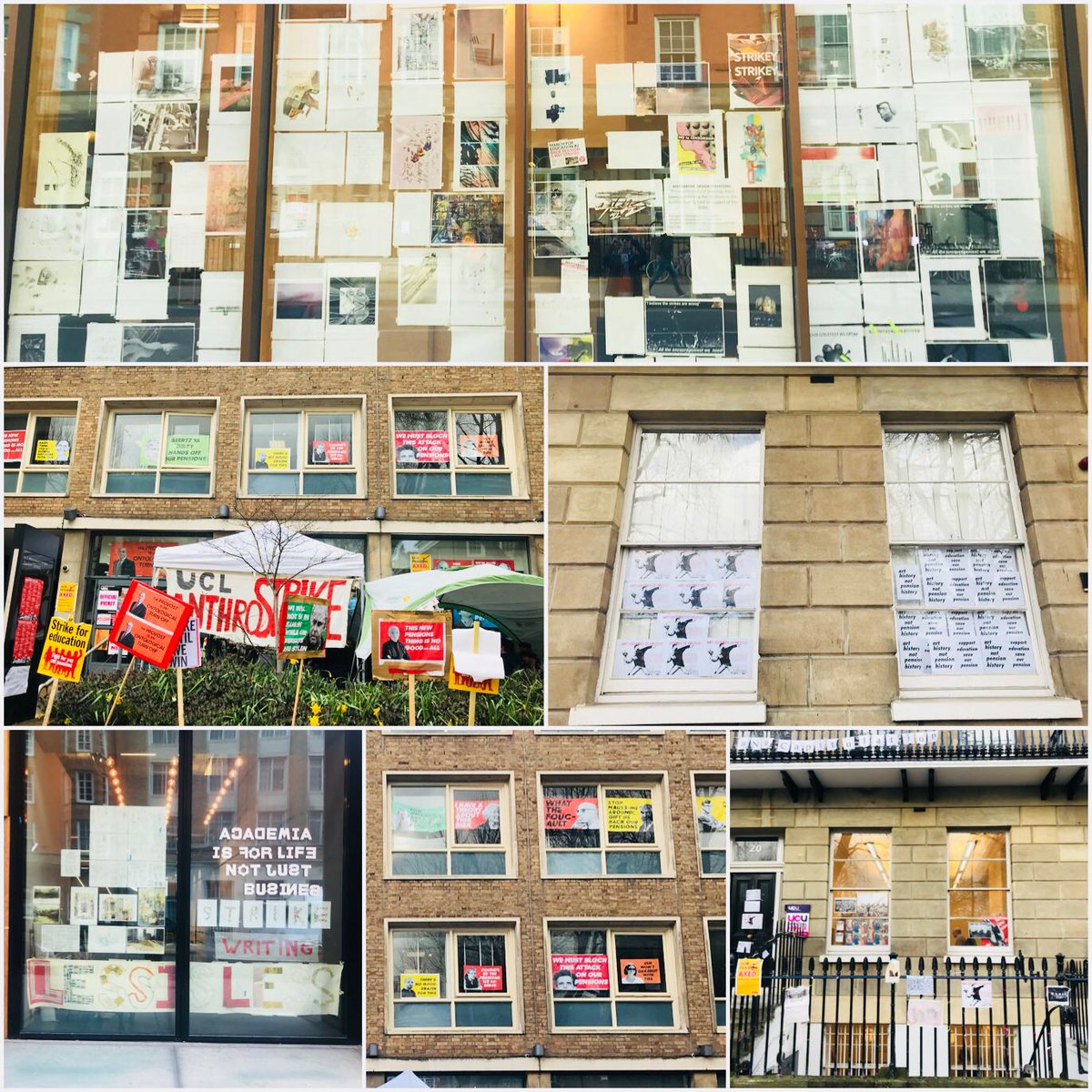 academotic's tweet photo. The latter-day cut-out folded printed pasted painted #built #environment of #Bloomsbury #london #streets #facades #bloomsburypickets #ussstrikes #ucustrike #UCLprotest #nocapitulation #whatnext #USSASOS https://t.co/Khk1pOPW9r
