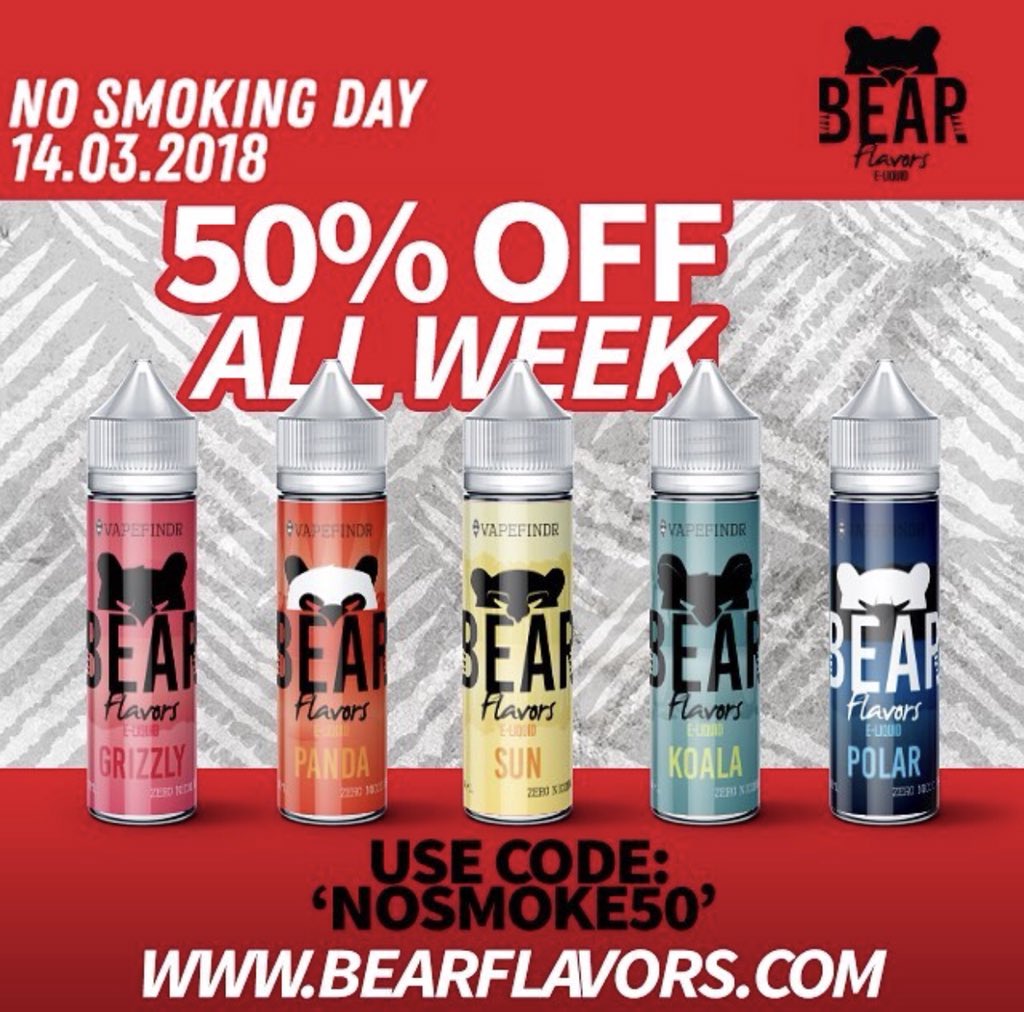 BearFlavors's tweet photo. Donโt forget 50% OFF #bearflavors till Monday!! To celebrate #nosmokingday this past Wednesday! #vapelife #eliquids #vapedeals #vapefindr #ecigdeals https://t.co/wrjmmn9mPV https://t.co/yX6hRcMhEe