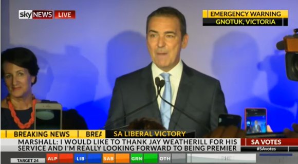 theTiser's tweet photo. WATCH LIVE: Steven Marshall victory speech
https://t.co/o2egmz421Z #SAvotes18 #SAelection2018 #SAParli #Auspol https://t.co/0PzBfjlUWt