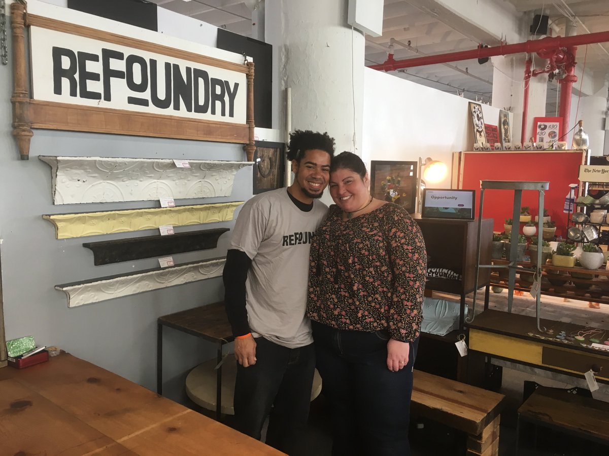 Refoundry's tweet photo. Lots of new treasures made from reclaimed materials ... and Robbie and Emily ... await you today at @bkflea #winterflea @IndustryCity https://t.co/j89gE7qTdG