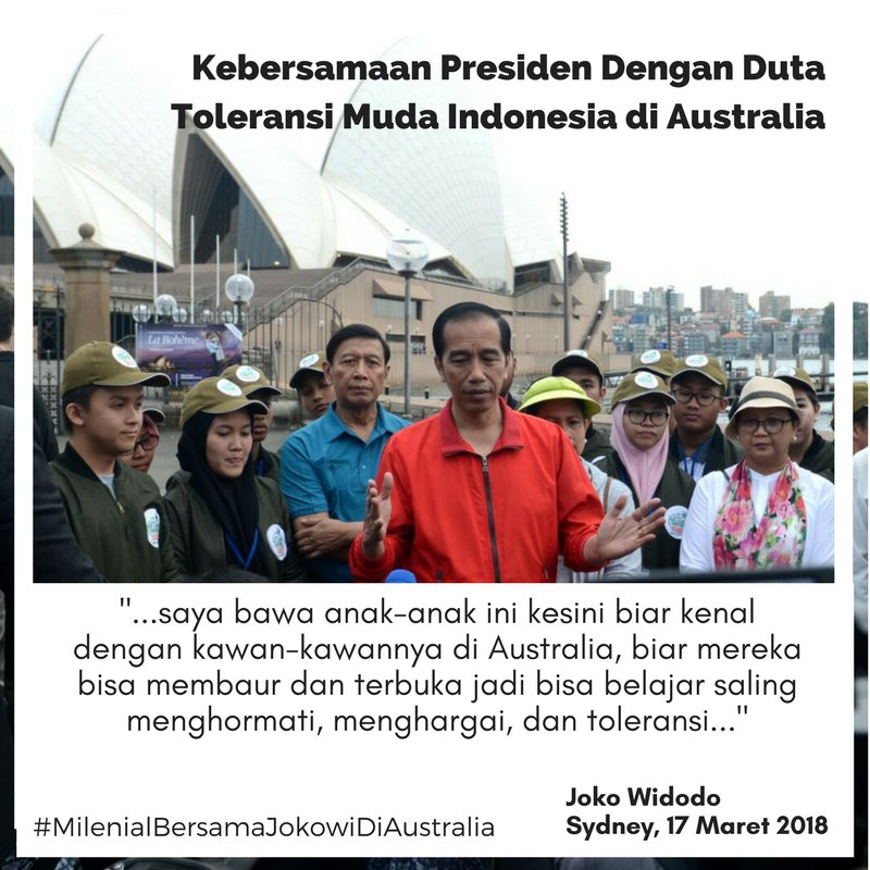 Toleransi itu bentuk intelektual dlm bersikap, berbudaya, dan hidup berbangsa @jokowi @wiranto1947 #JokowiVisitAussie #MilenialBersamaJokowiDiAustralia