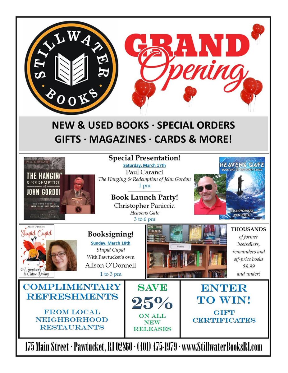 rkbentley's tweet photo. Stillwater Books grand opening weekend is today and tomorrow! #supportlocal #indiebookseller local #riauthors @paulcaranci and @CPaniccia15 will be there today! #aria https://t.co/EeFVtIUUnc