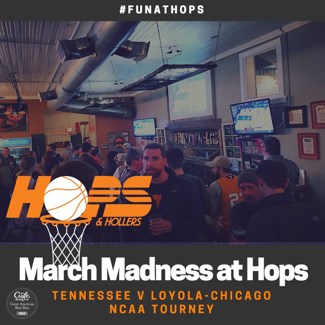 HopsandHollers's tweet photo. It’s going to be a fun #StPatricksday at Hops!! Tennessee v Loyola-Chicago at 6:10, food by @Wood_oven_eats, happy Hour until 4p, & #MarchMadness All Day!!Overflow viewing in #Shed or #Upperbiergarten with @yeehawbrewing can bar for the game!! #funathops #GBO #TMU #Craftbeerstore https://t.co/vDStB1YSJR