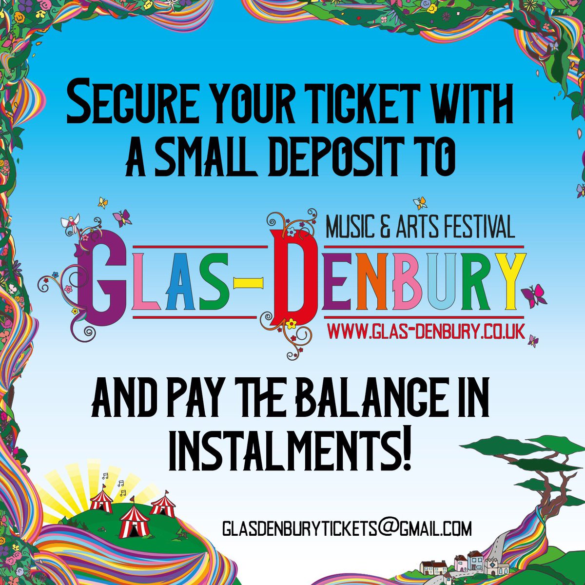 GlasdenburyFest's tweet photo. Just to make things a whole lot easier, we’ve introduced instalment payments (just pay a small deposit today and pay the rest in instalments)! 
Just email glasdenburytickets@gmail.com and one of our lovely team will get back to you about the payment plans we offer 🧡💙💜💚❤️ https://t.co/M9VlkxGdK4