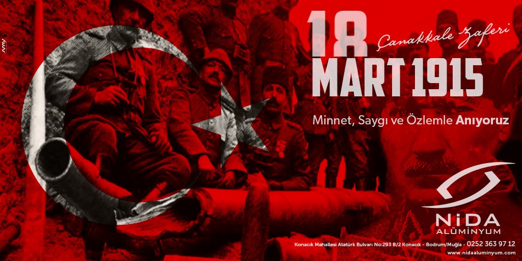NİDA ALÜMİNYUM
📞0252 363 97 12
nidaaluminyum.com
Bir ulus ve vatan yaratan bu kutlu günde 18 Mart şehitlerini minnetle anıyoruz.
#bodrum #nidaaluminyum #mayajans #18mart #çanakkale #zafer #türkiye #şehitlerianma