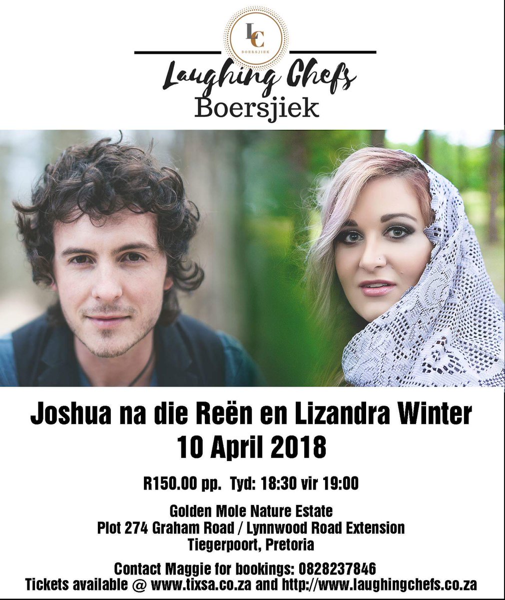 𝘚𝘈 𝘊𝘦𝘭𝘦𝘣𝘳𝘪𝘵𝘺 & 𝘓𝘪𝘧𝘦𝘴𝘵𝘺𝘭𝘦 (@sacelebtweets) on Twitter photo Jy kan <a href="/JoshuaNaDieReen/">Joshua Na Die Reën</a> en <a href="/lizandra_winter/">Lizandra Winter</a> saam op die verhoog sien 10 April 2018, vir slegs R150pp.
Sien foto vir meer inligting en bespreek vandag nog! Jy kan <a href="/JoshuaNaDieReen/">Joshua Na Die Reën</a> en <a href="/lizandra_winter/">Lizandra Winter</a> saam op die verhoog sien 10 April 2018, vir slegs R150pp.
Sien foto vir meer inligting en bespreek vandag nog!