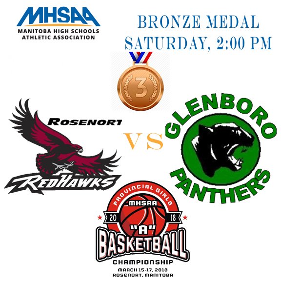 A_Girls_BBall's tweet photo. Today's Matches
Consolation Game: Ross L Gray Raiders vs @eltonsabres 
Bronze Medal Game: @Rosenort_School RedHawks vs @glenboro_school Panthers
Gold Medal Game: @BCIBroncos vs @ShevchenkoSbrs 
#MHSAA #BasektballMB #BasketballProvs2018 #LadiesBasketball #hawksnest @pembinavnews https://t.co/R7uDnxe13j